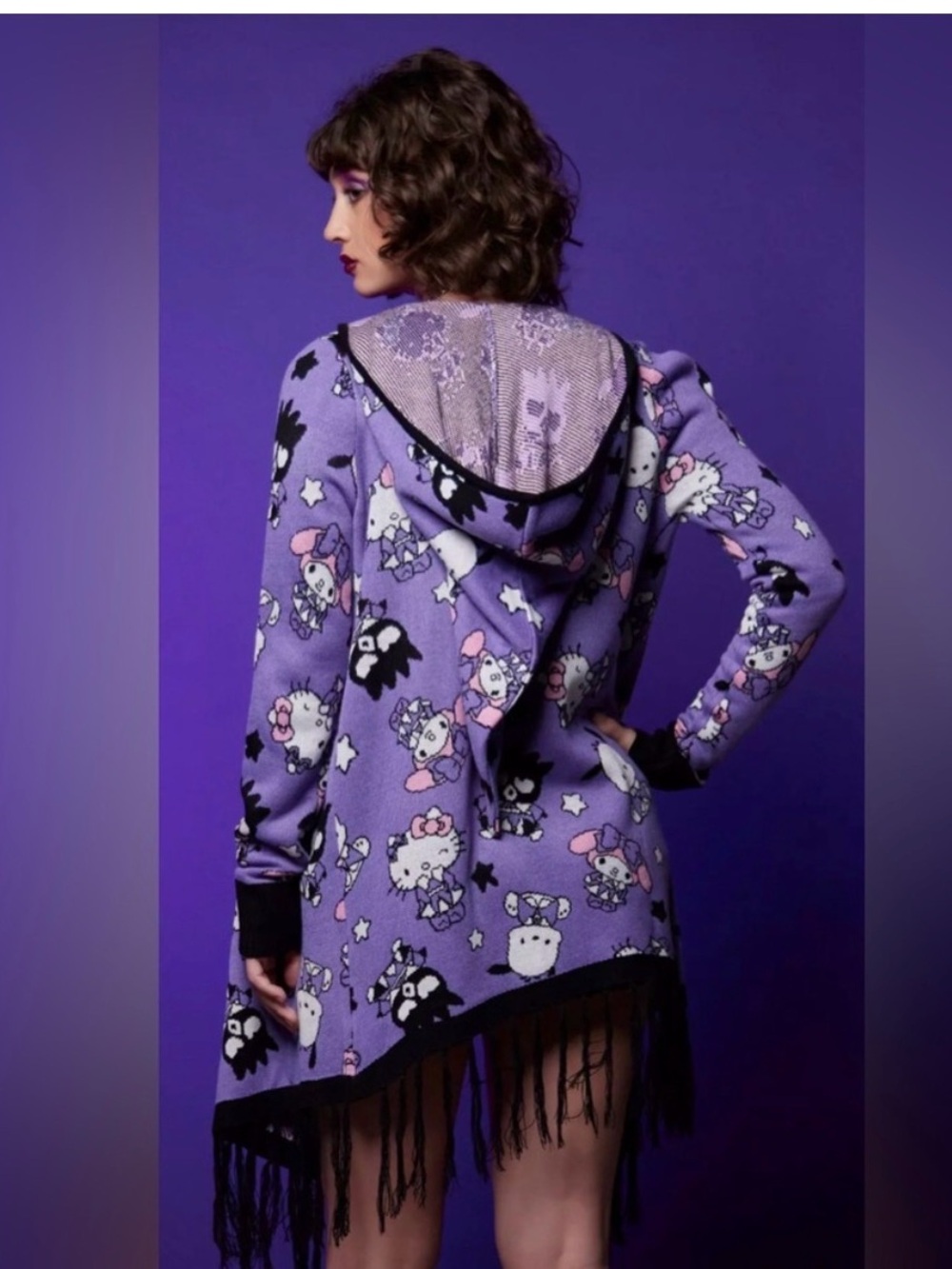 Hello Kitty & Friends Magic Card Open Front Purple Hooded Cardigan- Size L New